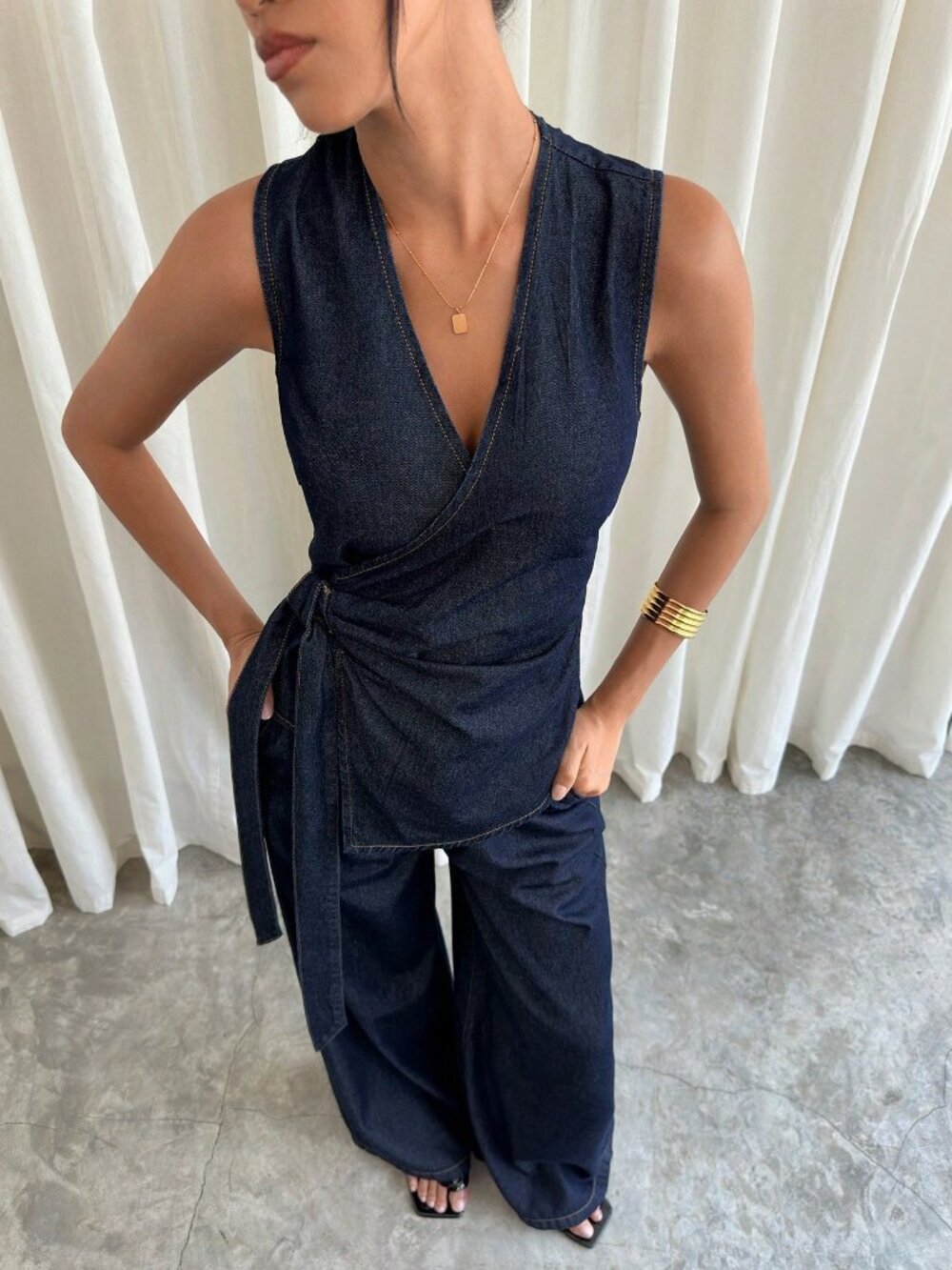 Dark Wash Elegant Women's Denim Sleeveless Top & Wide-Leg Pants suit set - Picture 8 of 8
